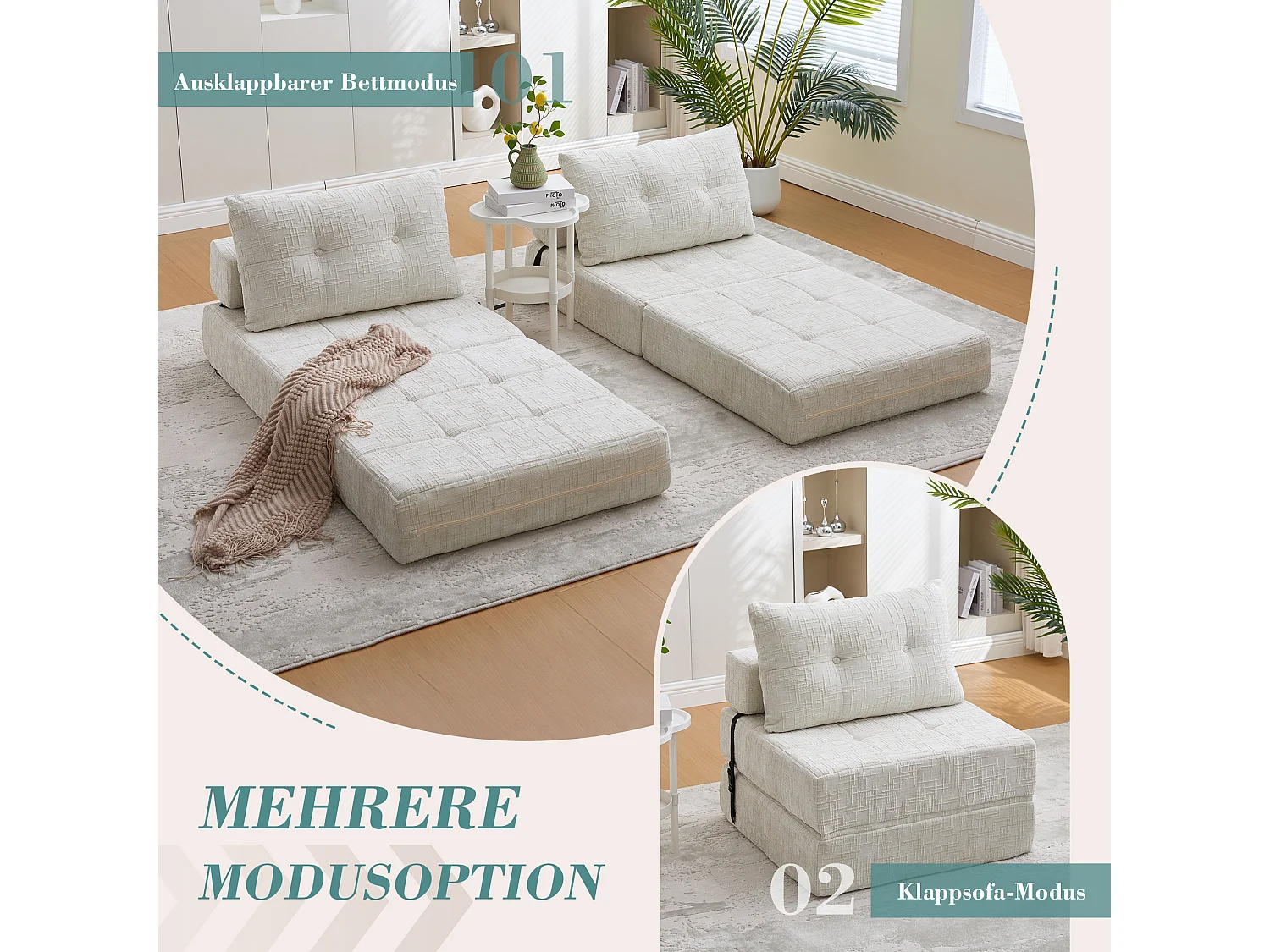 Canapé 1 place convertible en tissu chenille beige - Canapé lit 2 en 1 - Assise haute résilience - pour salon, studio ou chambre d’amis