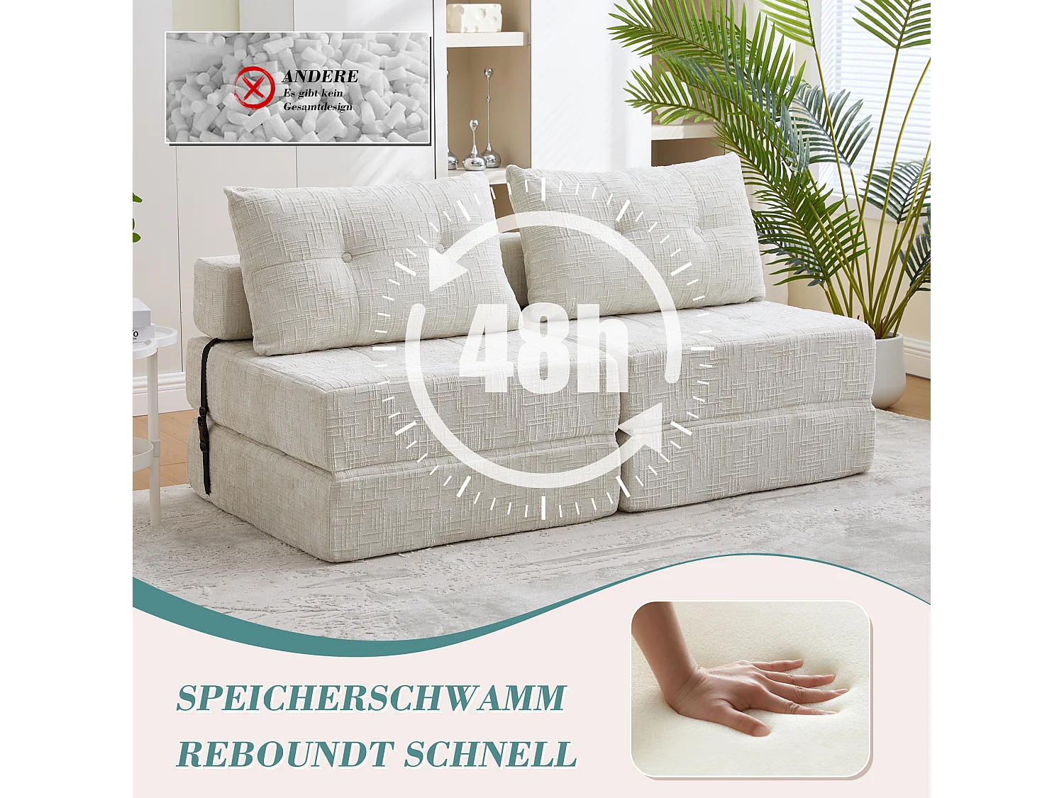 Canapé 1 place convertible en tissu chenille beige - Canapé lit 2 en 1 - Assise haute résilience - pour salon, studio ou chambre d’amis