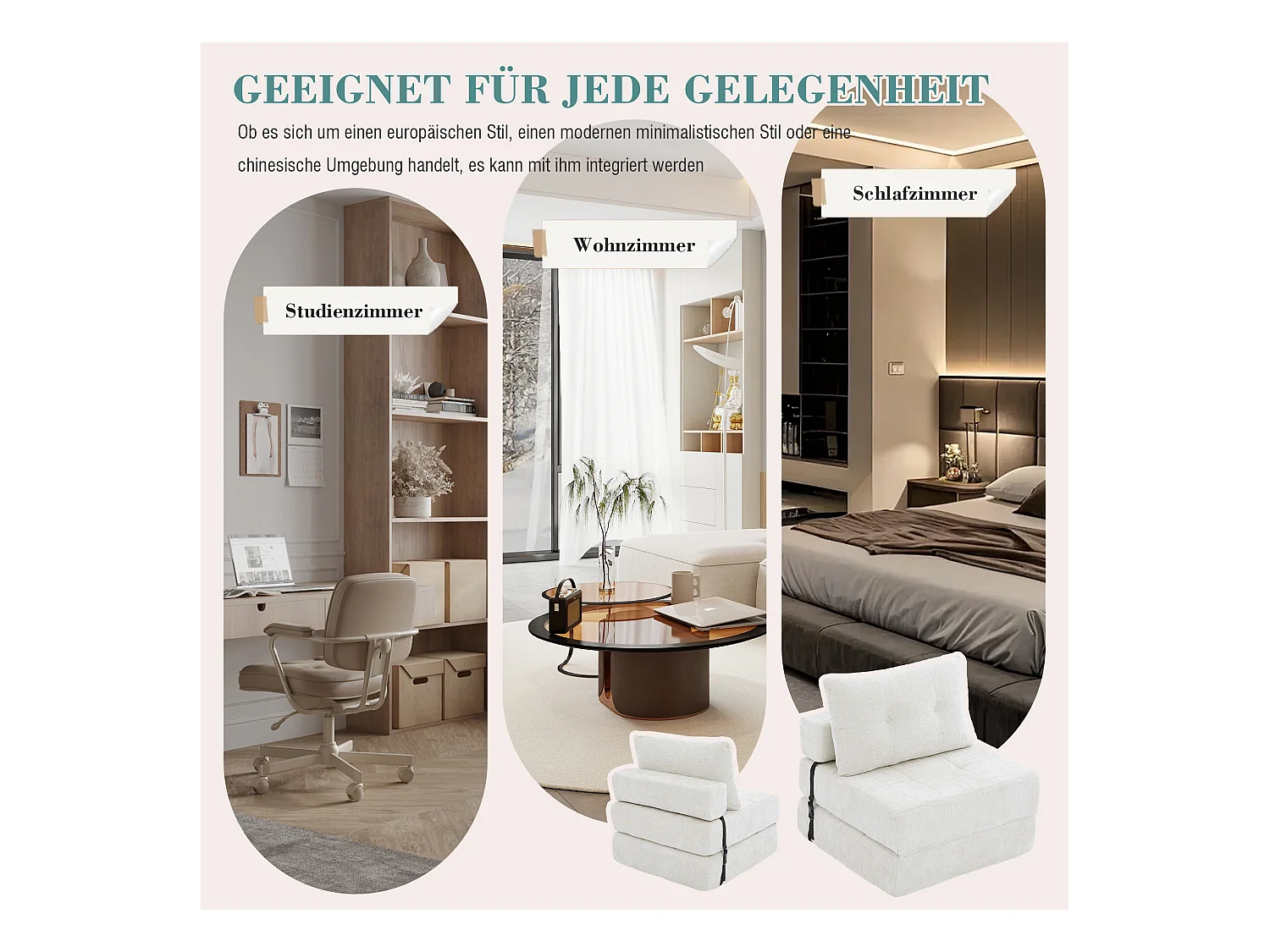 Canapé 1 place convertible en tissu chenille beige - Canapé lit 2 en 1 - Assise haute résilience - pour salon, studio ou chambre d’amis