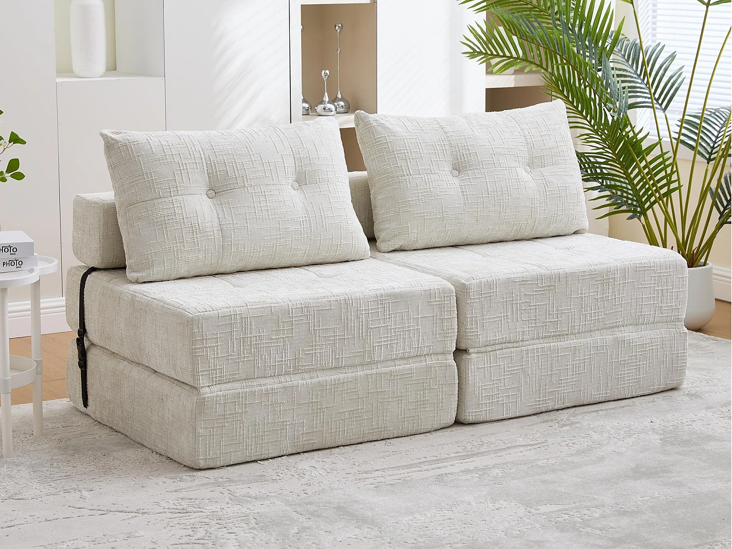 Canapé 1 place convertible en tissu chenille beige - Canapé lit 2 en 1 - Assise haute résilience - pour salon, studio ou chambre d’amis