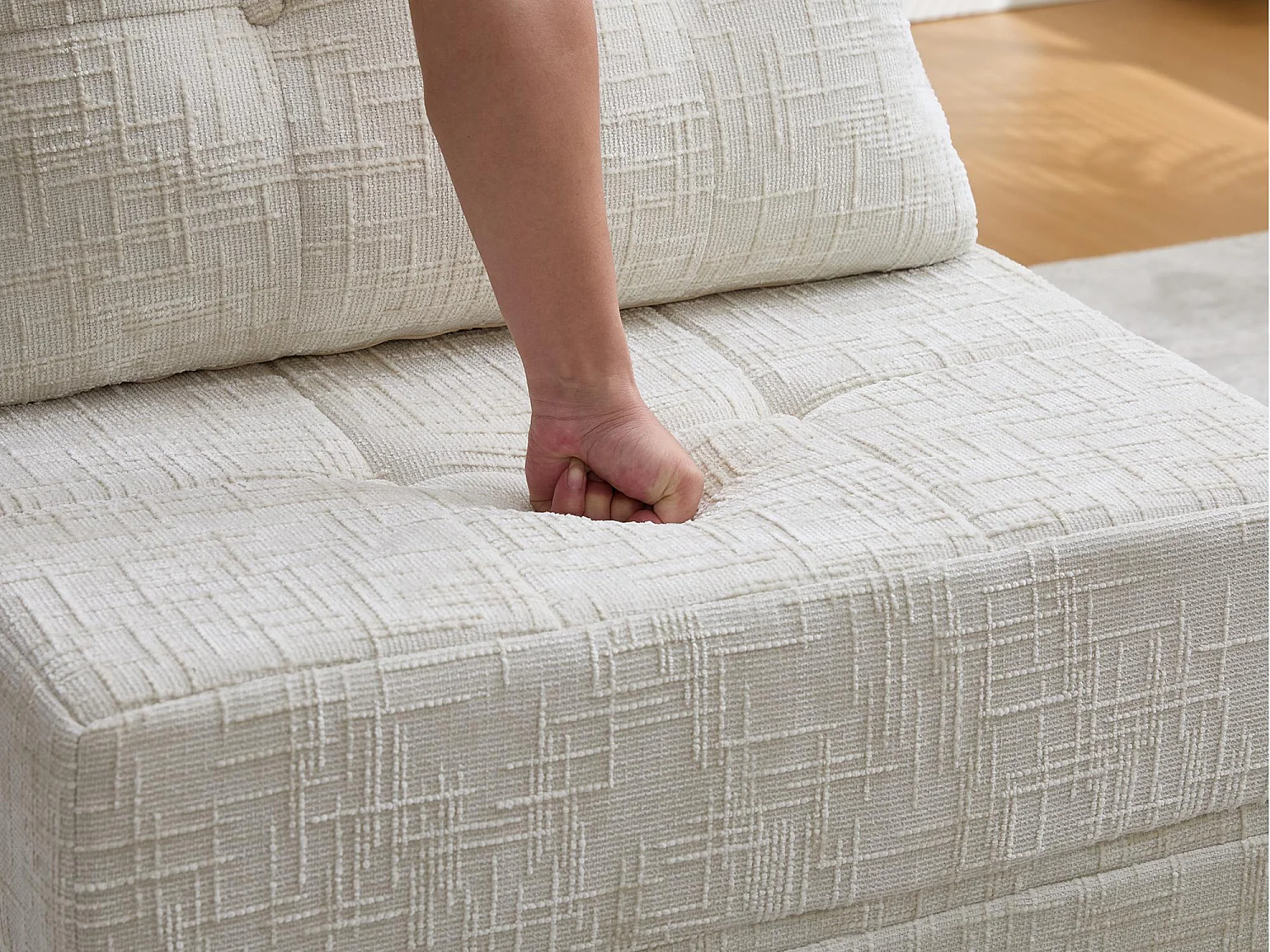 Canapé 1 place convertible en tissu chenille beige - Canapé lit 2 en 1 - Assise haute résilience - pour salon, studio ou chambre d’amis