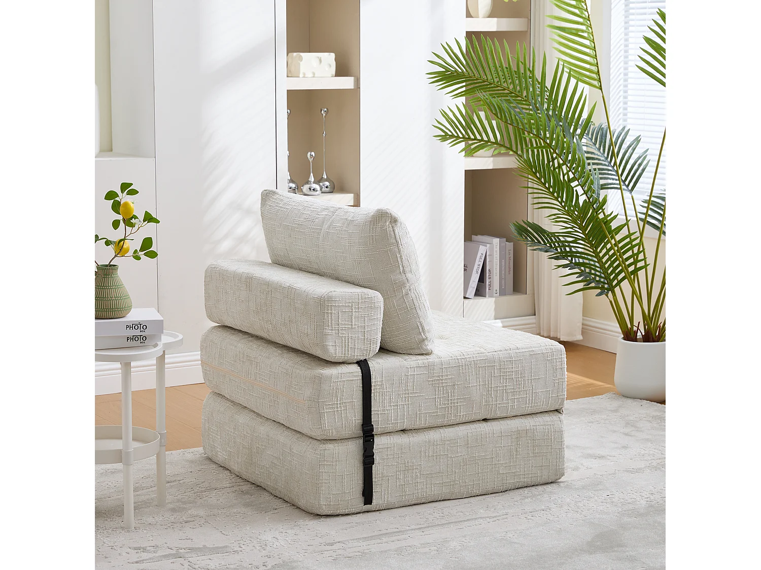 Canapé 1 place convertible en tissu chenille beige - Canapé lit 2 en 1 - Assise haute résilience - pour salon, studio ou chambre d’amis