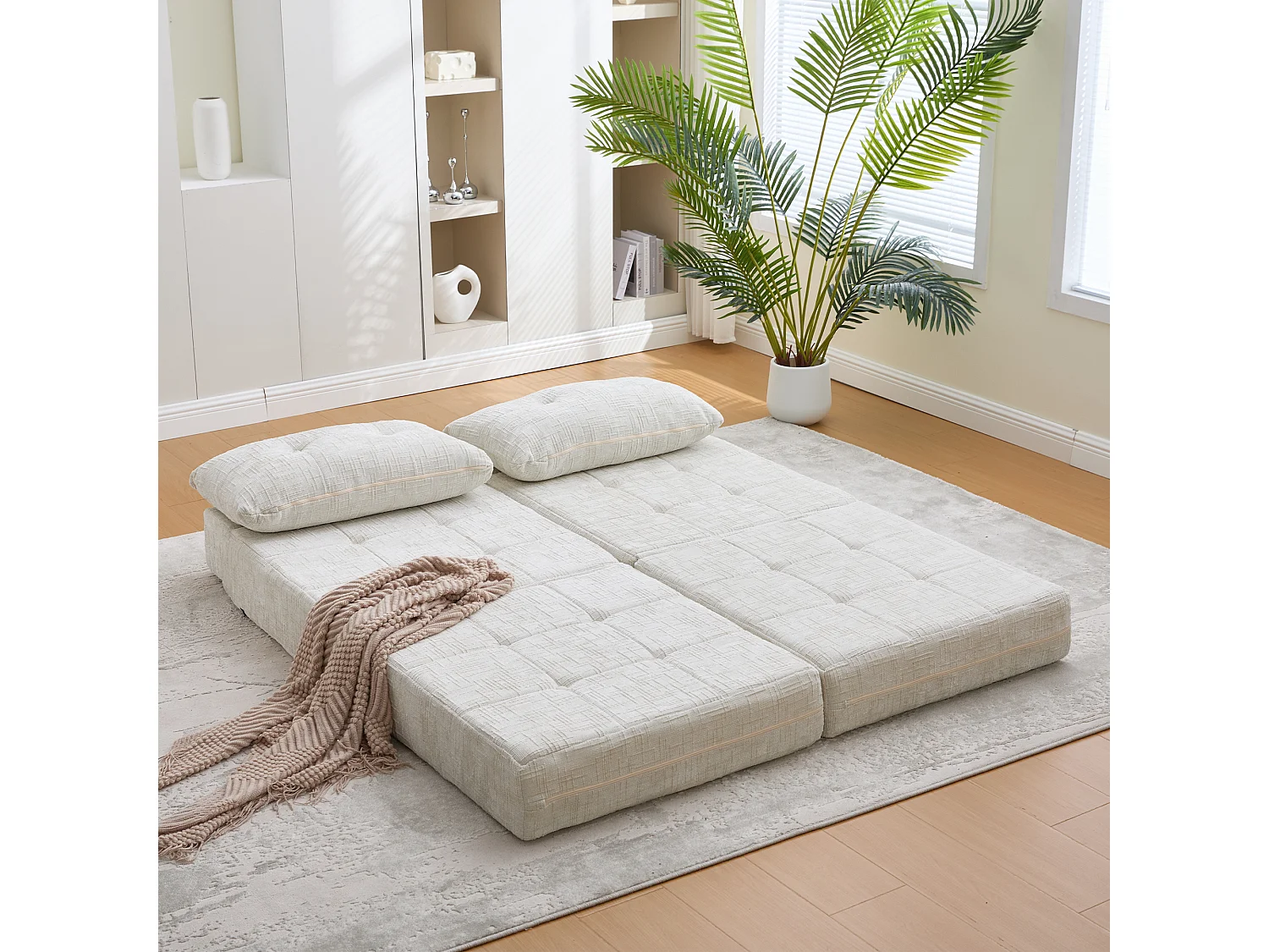 Canapé 1 place convertible en tissu chenille beige - Canapé lit 2 en 1 - Assise haute résilience - pour salon, studio ou chambre d’amis