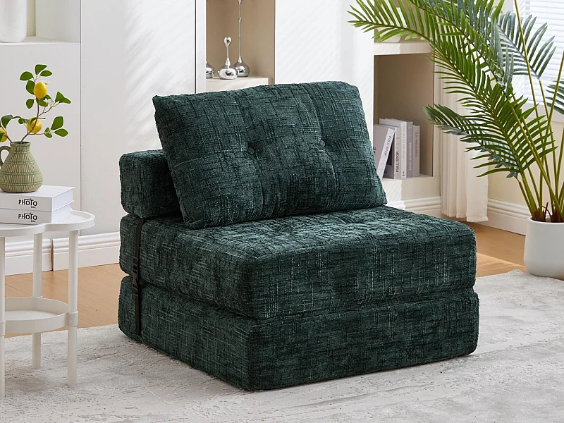 Canapé 1 place convertible en tissu chenille vert - Canapé lit 2 en 1 - Assise haute résilience - pour salon, studio ou chambre d’amis