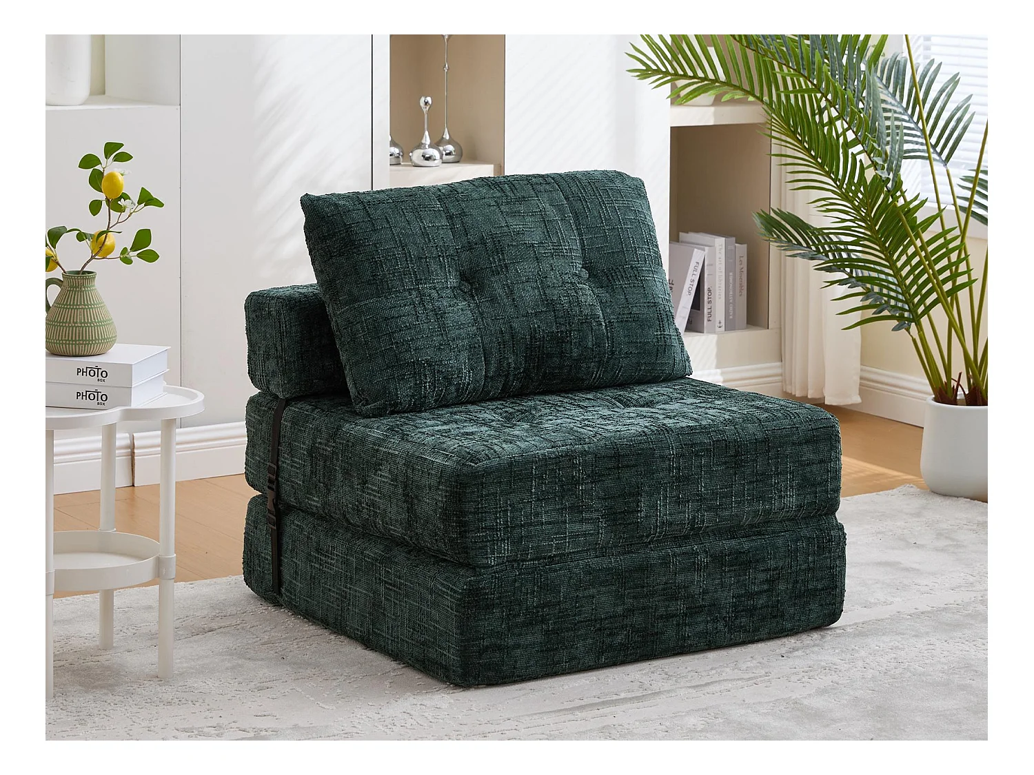 Canapé 1 place convertible en tissu chenille vert - Canapé lit 2 en 1 - Assise haute résilience - pour salon, studio ou chambre d’amis