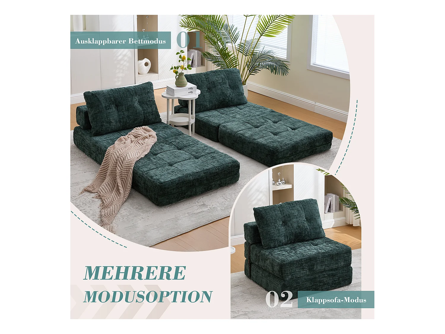 Canapé 1 place convertible en tissu chenille vert - Canapé lit 2 en 1 - Assise haute résilience - pour salon, studio ou chambre d’amis