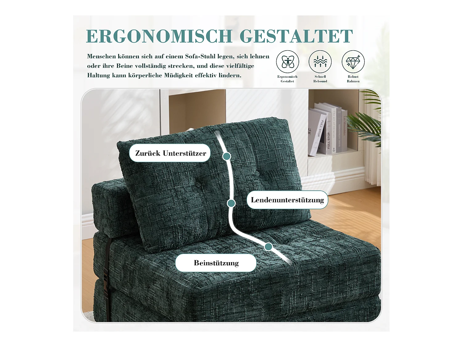 Canapé 1 place convertible en tissu chenille vert - Canapé lit 2 en 1 - Assise haute résilience - pour salon, studio ou chambre d’amis