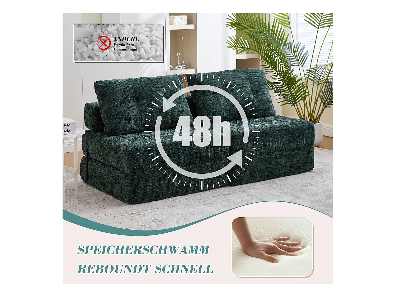 Canapé 1 place convertible en tissu chenille vert - Canapé lit 2 en 1 - Assise haute résilience - pour salon, studio ou chambre d’amis