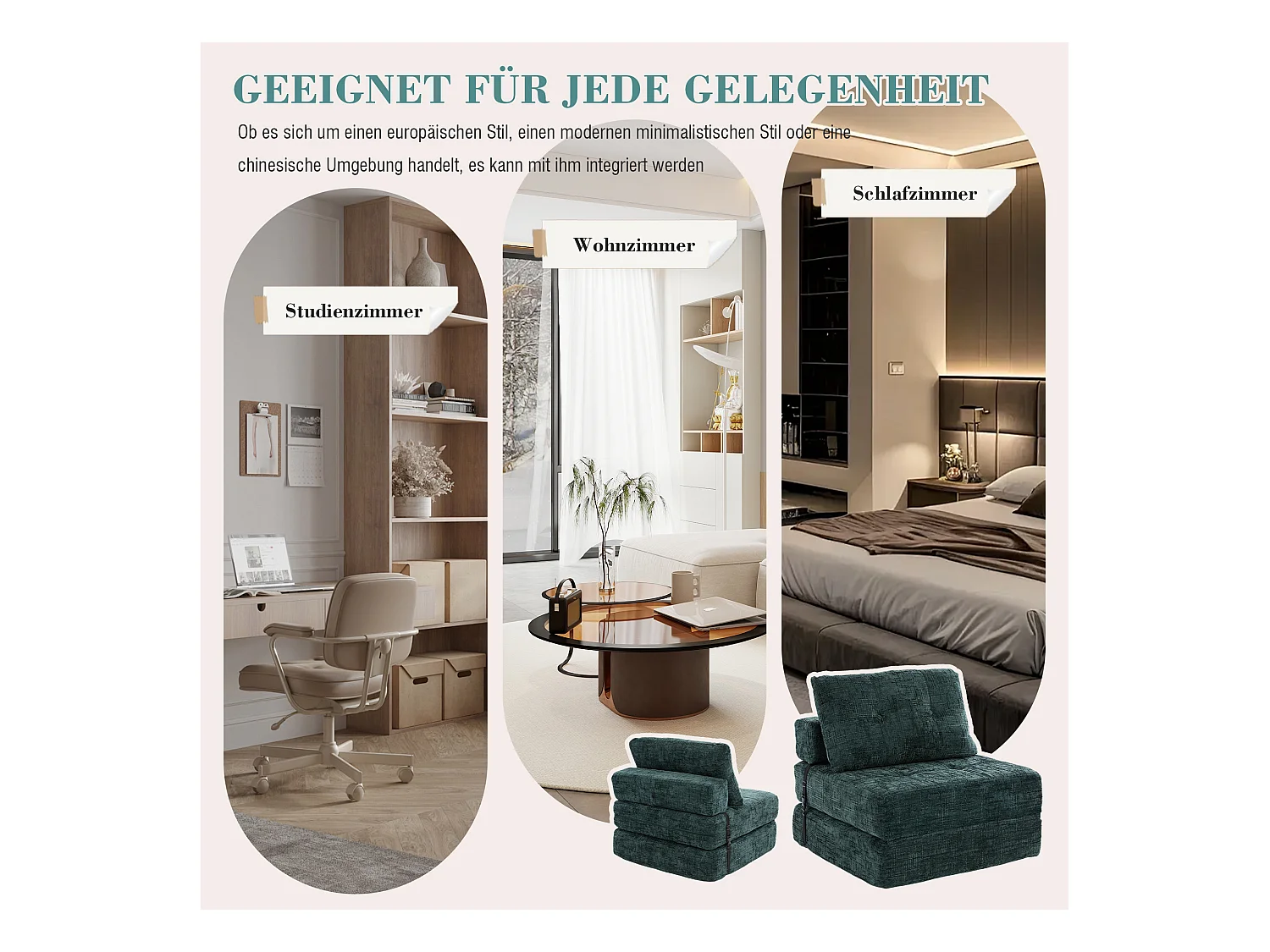 Canapé 1 place convertible en tissu chenille vert - Canapé lit 2 en 1 - Assise haute résilience - pour salon, studio ou chambre d’amis