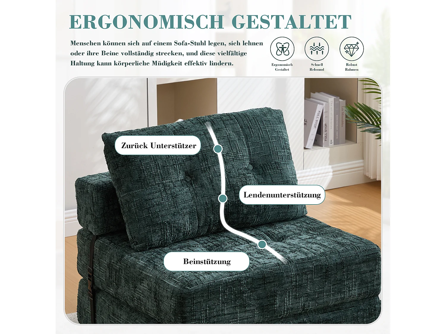 Canapé 1 place convertible en tissu chenille vert - Canapé lit 2 en 1 - Assise haute résilience - pour salon, studio ou chambre d’amis