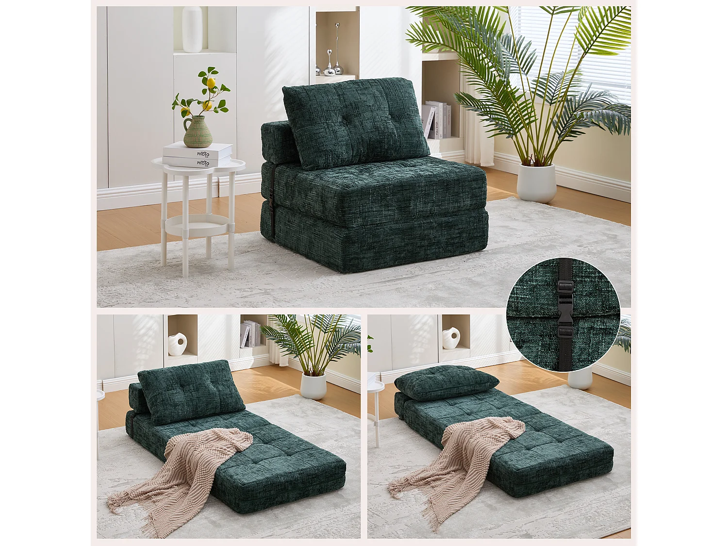 Canapé 1 place convertible en tissu chenille vert - Canapé lit 2 en 1 - Assise haute résilience - pour salon, studio ou chambre d’amis