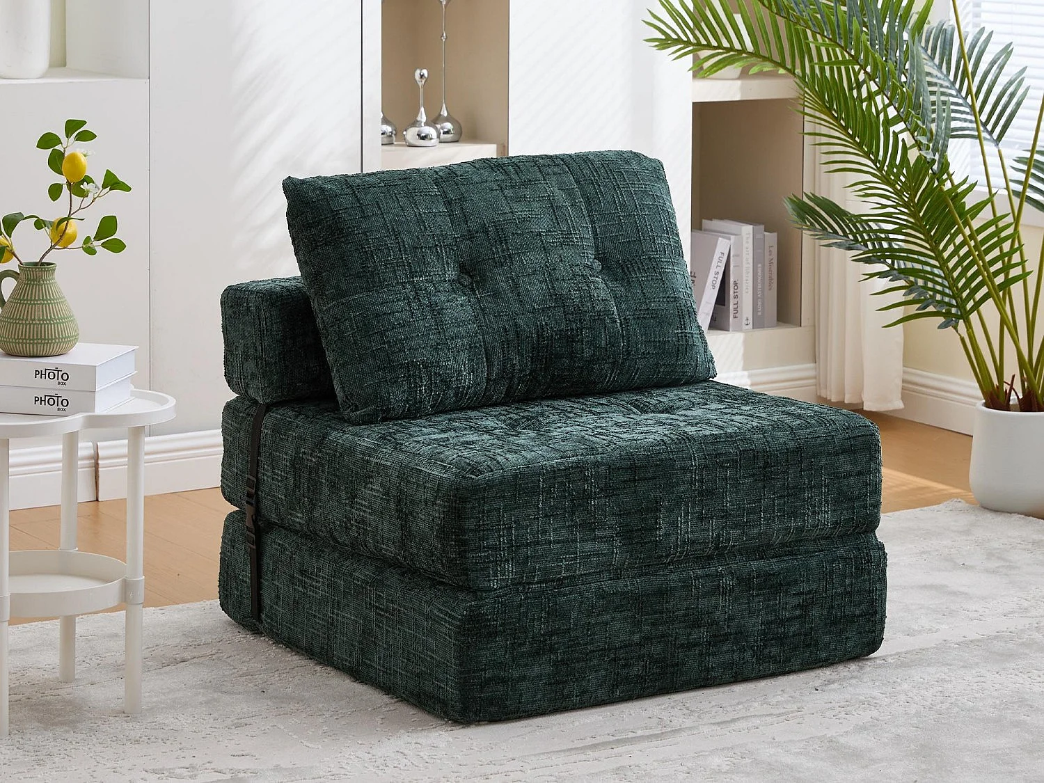 Canapé 1 place convertible en tissu chenille vert - Canapé lit 2 en 1 - Assise haute résilience - pour salon, studio ou chambre d’amis
