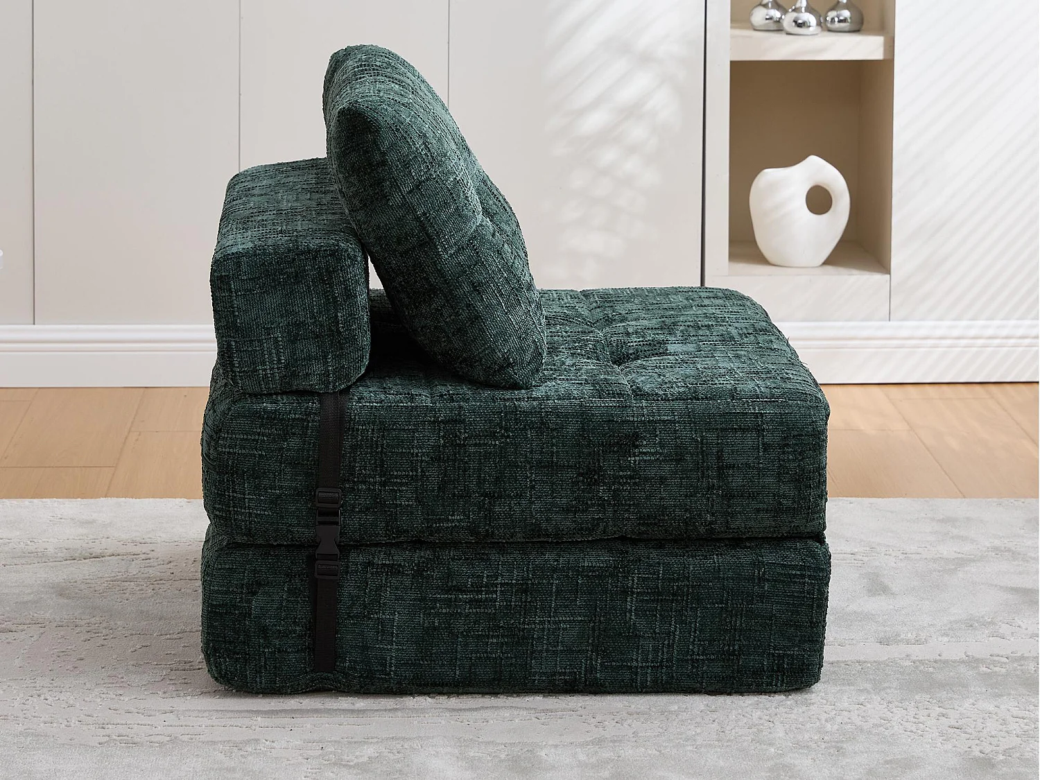 Canapé 1 place convertible en tissu chenille vert - Canapé lit 2 en 1 - Assise haute résilience - pour salon, studio ou chambre d’amis