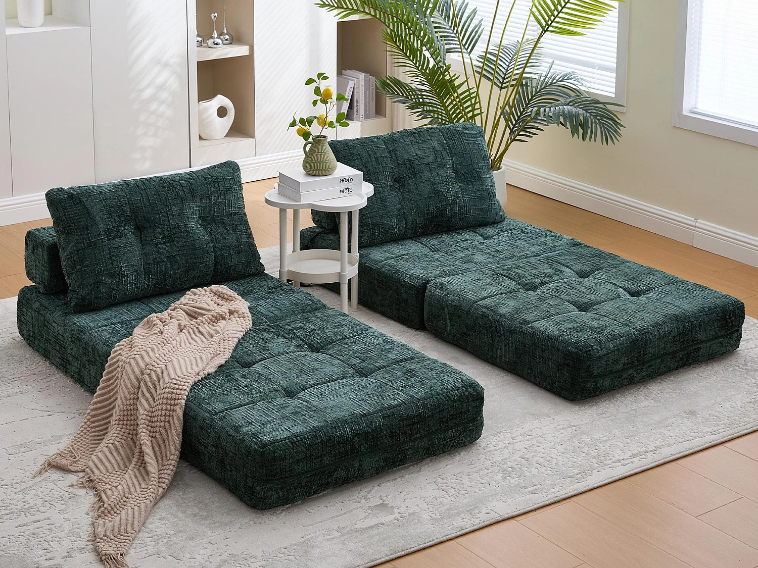 Canapé 1 place convertible en tissu chenille vert - Canapé lit 2 en 1 - Assise haute résilience - pour salon, studio ou chambre d’amis