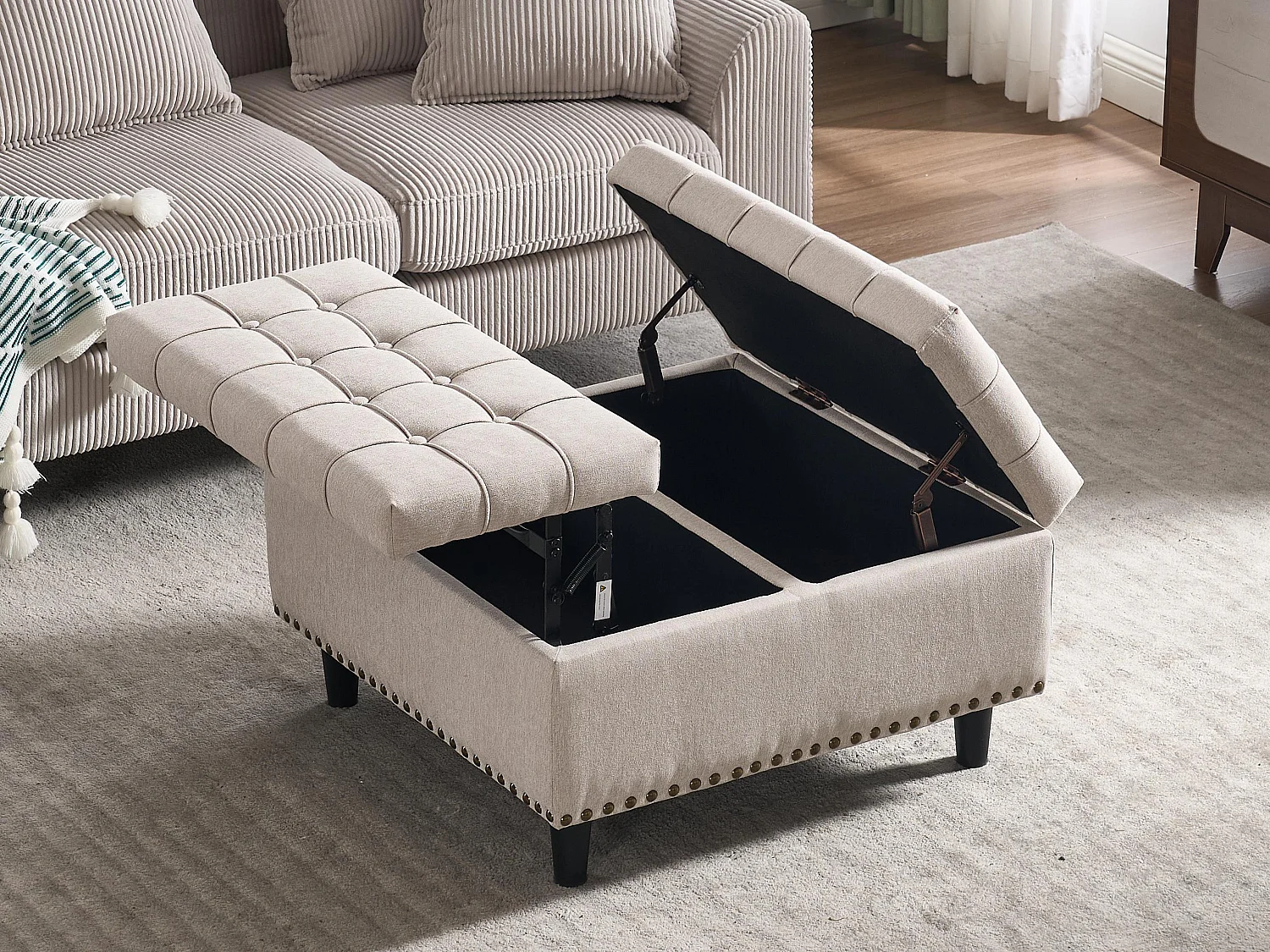 Pouf coffre en tissu coton‑lin beige - Repose-pieds – mousse haute résilience