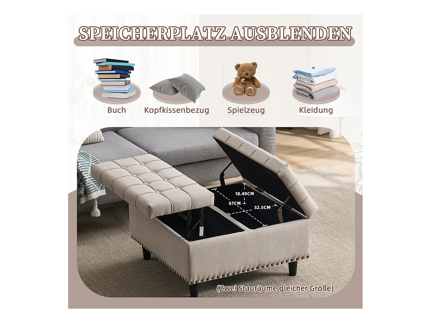 Pouf coffre en tissu coton‑lin beige - Repose-pieds – mousse haute résilience