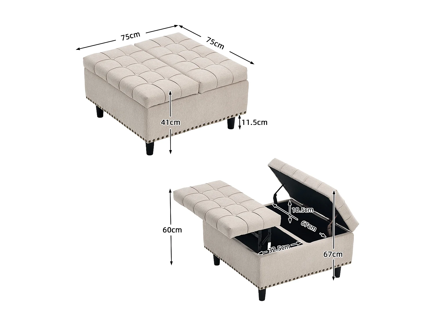 Pouf coffre en tissu coton‑lin beige - Repose-pieds – mousse haute résilience