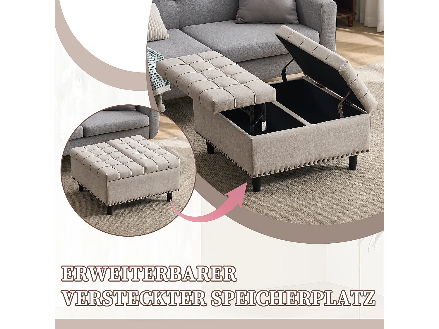 Pouf coffre en tissu coton‑lin beige - Repose-pieds – mousse haute résilience