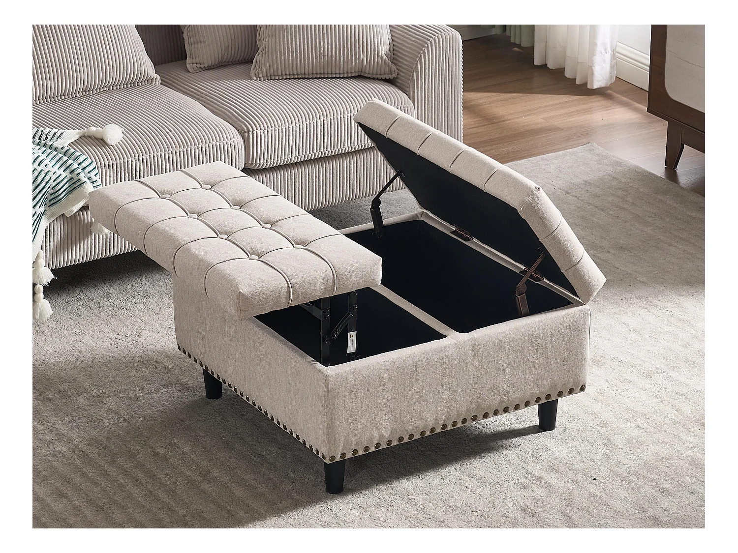 Pouf coffre en tissu coton‑lin beige - Repose-pieds – mousse haute résilience