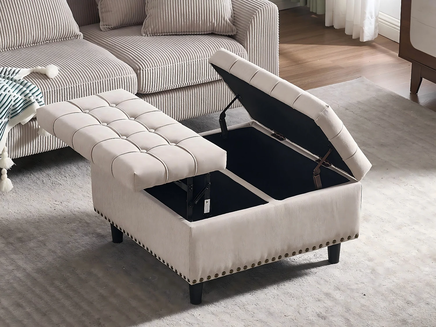 Pouf coffre en tissu coton‑lin beige - Repose-pieds – mousse haute résilience