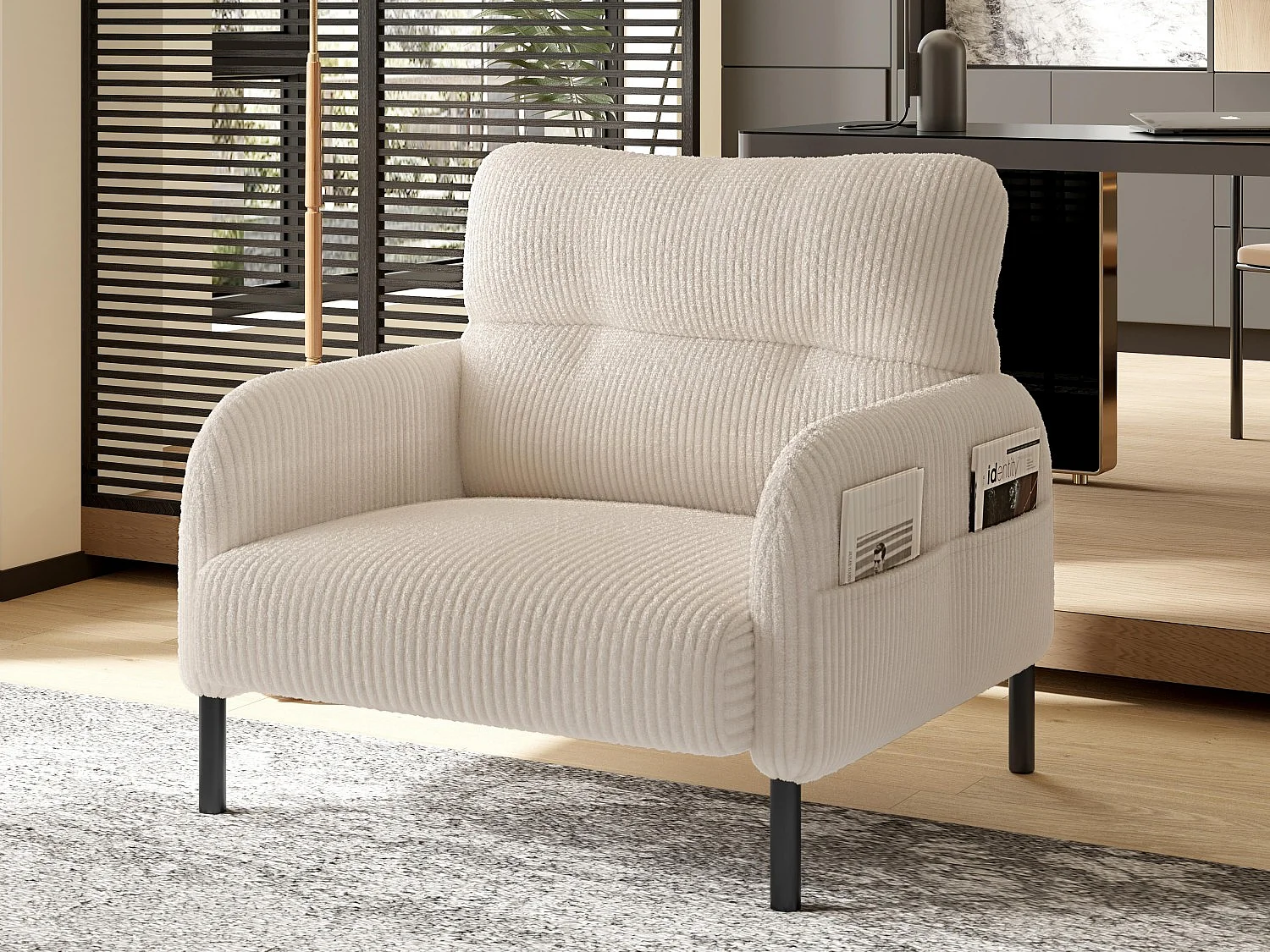 Fauteuil velours côtelé beige - avec Poches Latérales - Style Carré et Design Naturel pour Salon ou Balcon