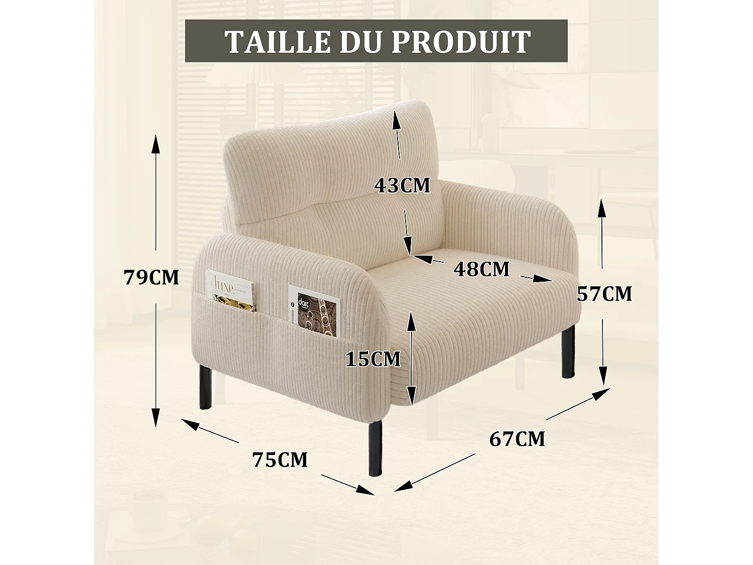 Fauteuil velours côtelé beige - avec Poches Latérales - Style Carré et Design Naturel pour Salon ou Balcon