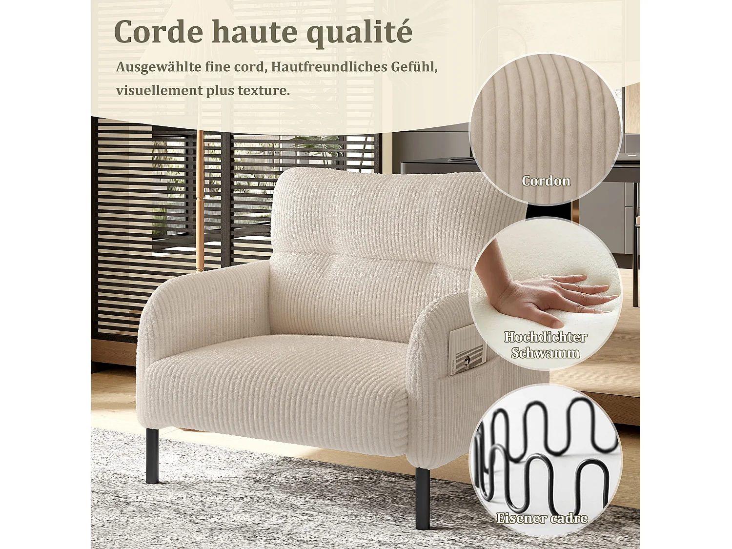 Fauteuil velours côtelé beige - avec Poches Latérales - Style Carré et Design Naturel pour Salon ou Balcon