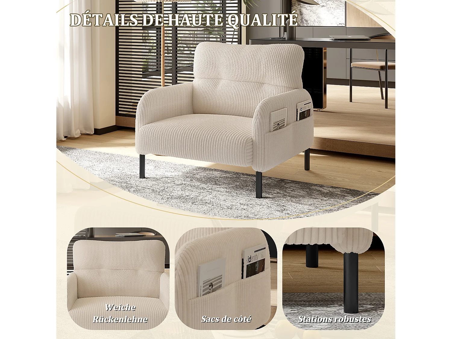 Fauteuil velours côtelé beige - avec Poches Latérales - Style Carré et Design Naturel pour Salon ou Balcon
