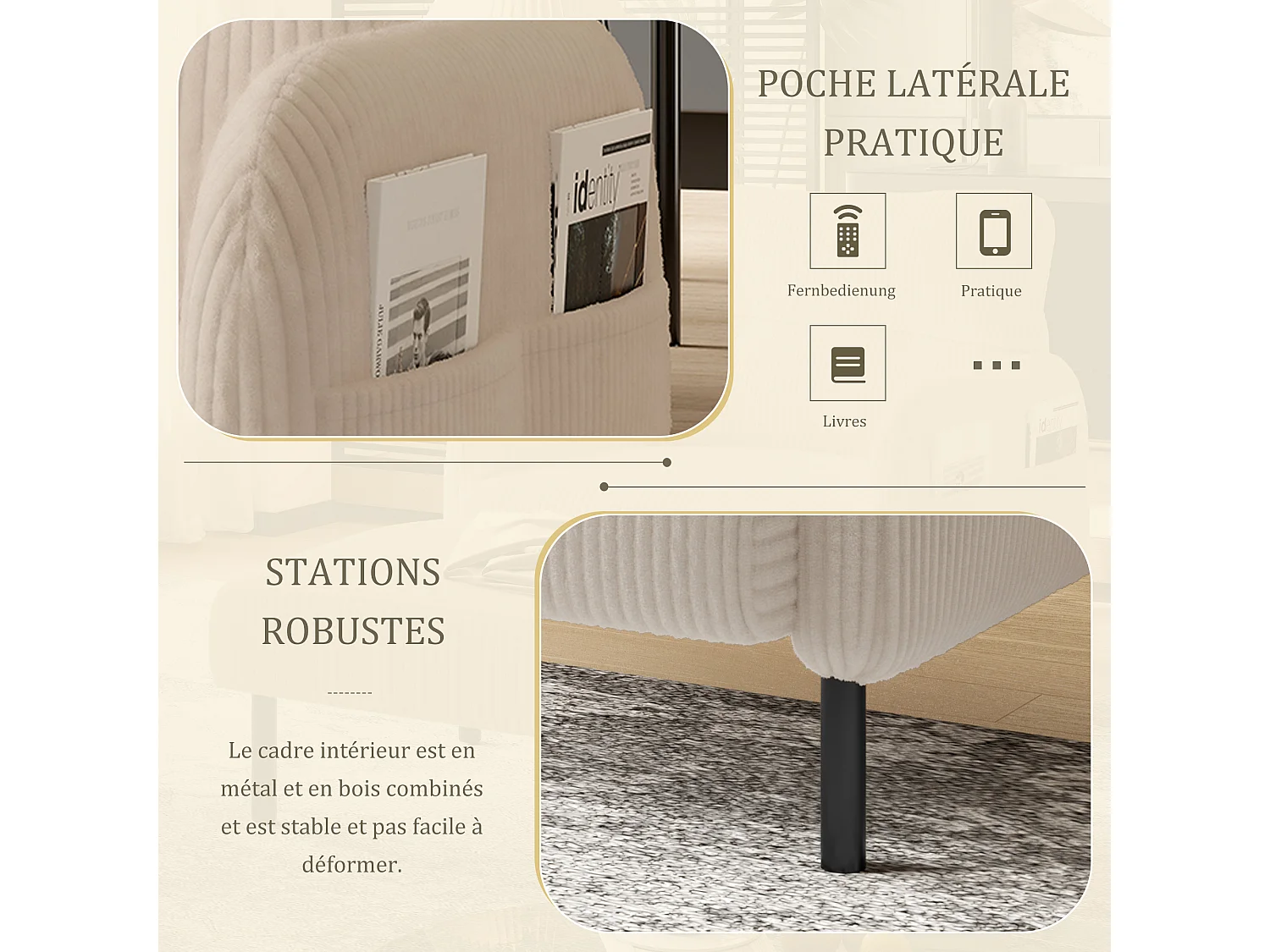 Fauteuil velours côtelé beige - avec Poches Latérales - Style Carré et Design Naturel pour Salon ou Balcon