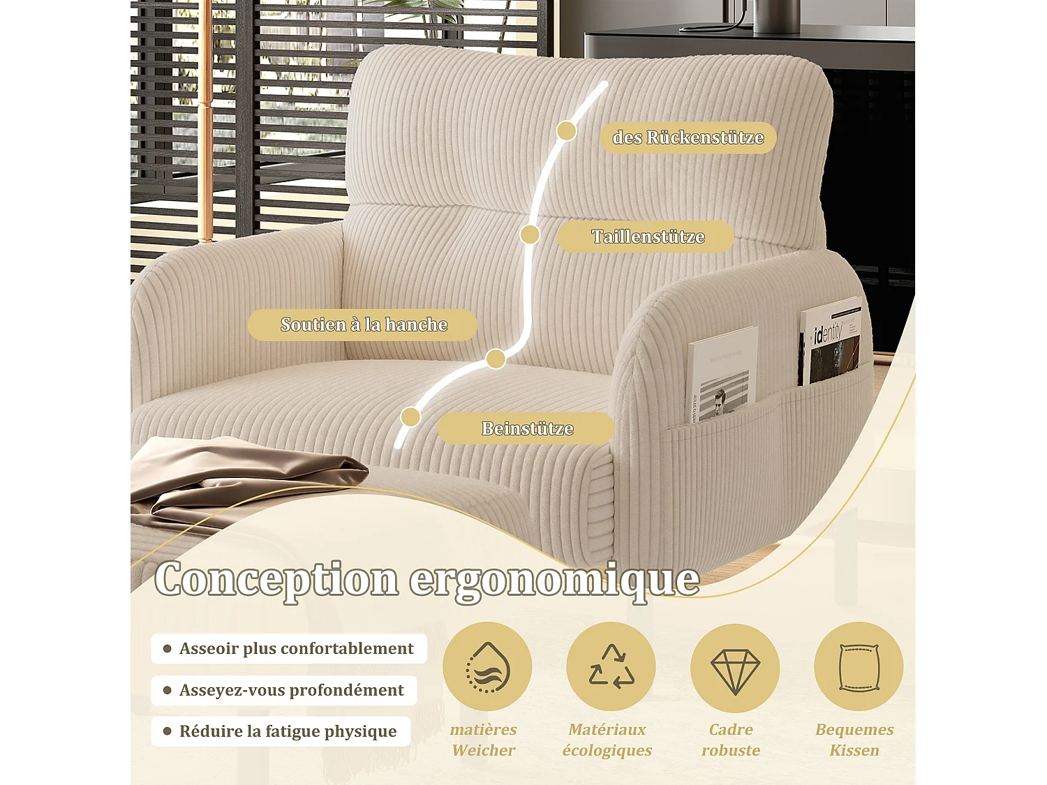 Fauteuil velours côtelé beige - avec Poches Latérales - Style Carré et Design Naturel pour Salon ou Balcon