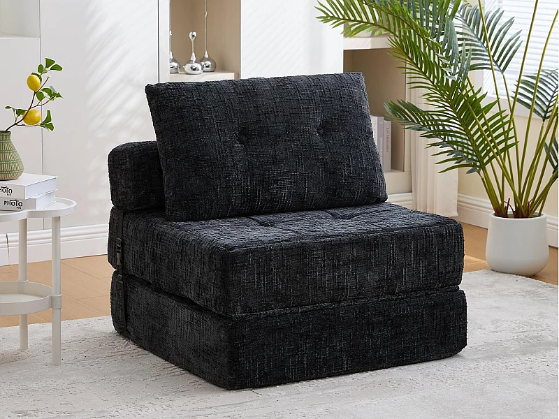 Canapé 1 place convertible en tissu chenille noir - Canapé lit 2 en 1 - Assise haute résilience - pour salon, studio ou chambre d’amis