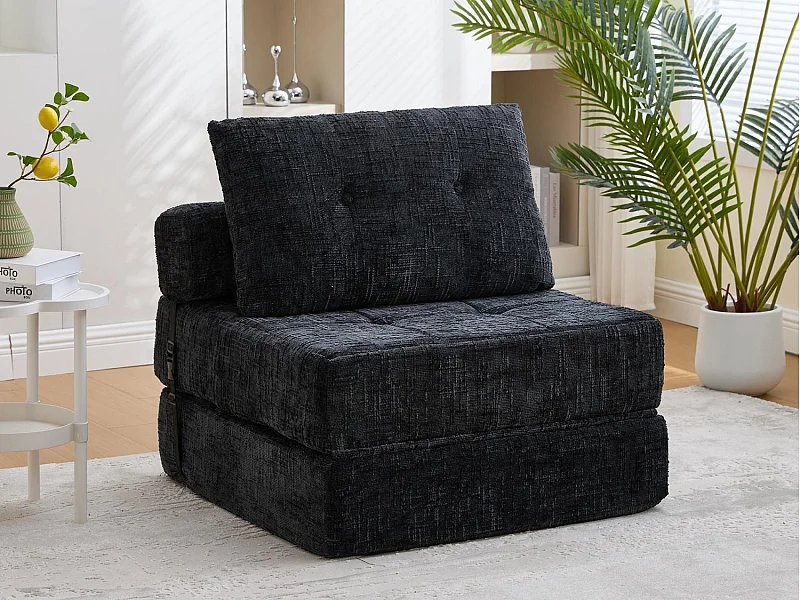 Canapé 1 place convertible en tissu chenille noir - Canapé lit 2 en 1 - Assise haute résilience - pour salon, studio ou chambre d’amis