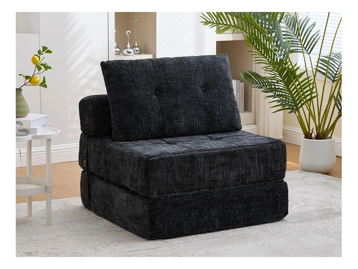 Canapé 1 place convertible en tissu chenille noir - Canapé lit 2 en 1 - Assise haute résilience - pour salon, studio ou chambre d’amis