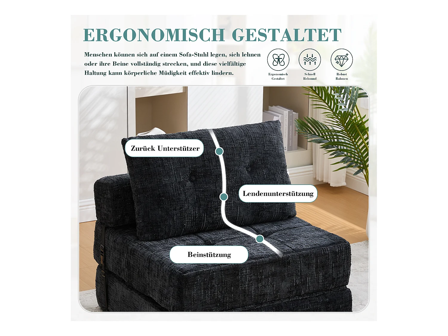 Canapé 1 place convertible en tissu chenille noir - Canapé lit 2 en 1 - Assise haute résilience - pour salon, studio ou chambre d’amis