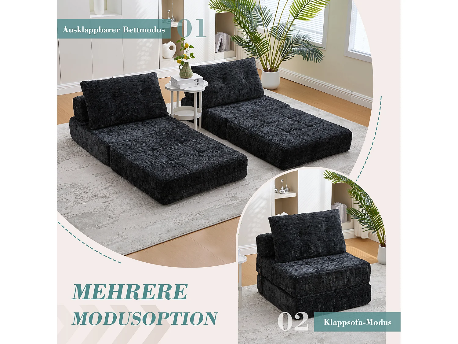 Canapé 1 place convertible en tissu chenille noir - Canapé lit 2 en 1 - Assise haute résilience - pour salon, studio ou chambre d’amis