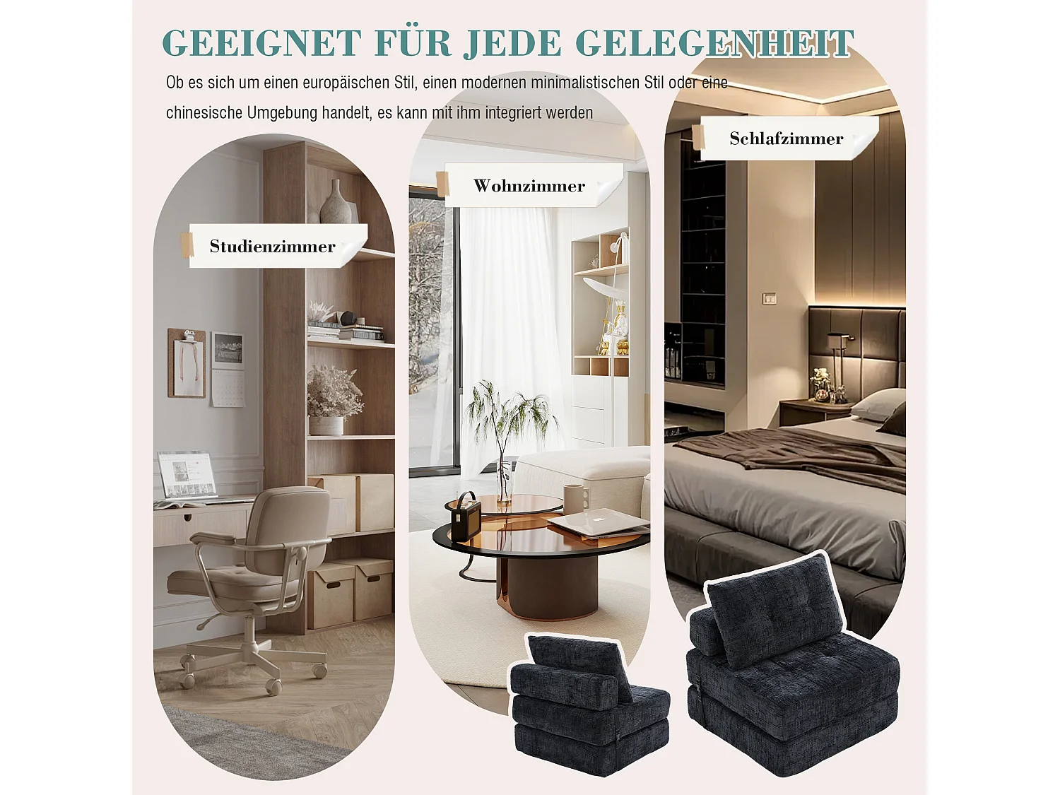 Canapé 1 place convertible en tissu chenille noir - Canapé lit 2 en 1 - Assise haute résilience - pour salon, studio ou chambre d’amis