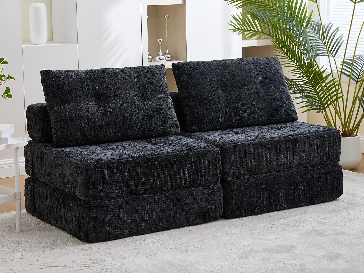 Canapé 1 place convertible en tissu chenille noir - Canapé lit 2 en 1 - Assise haute résilience - pour salon, studio ou chambre d’amis