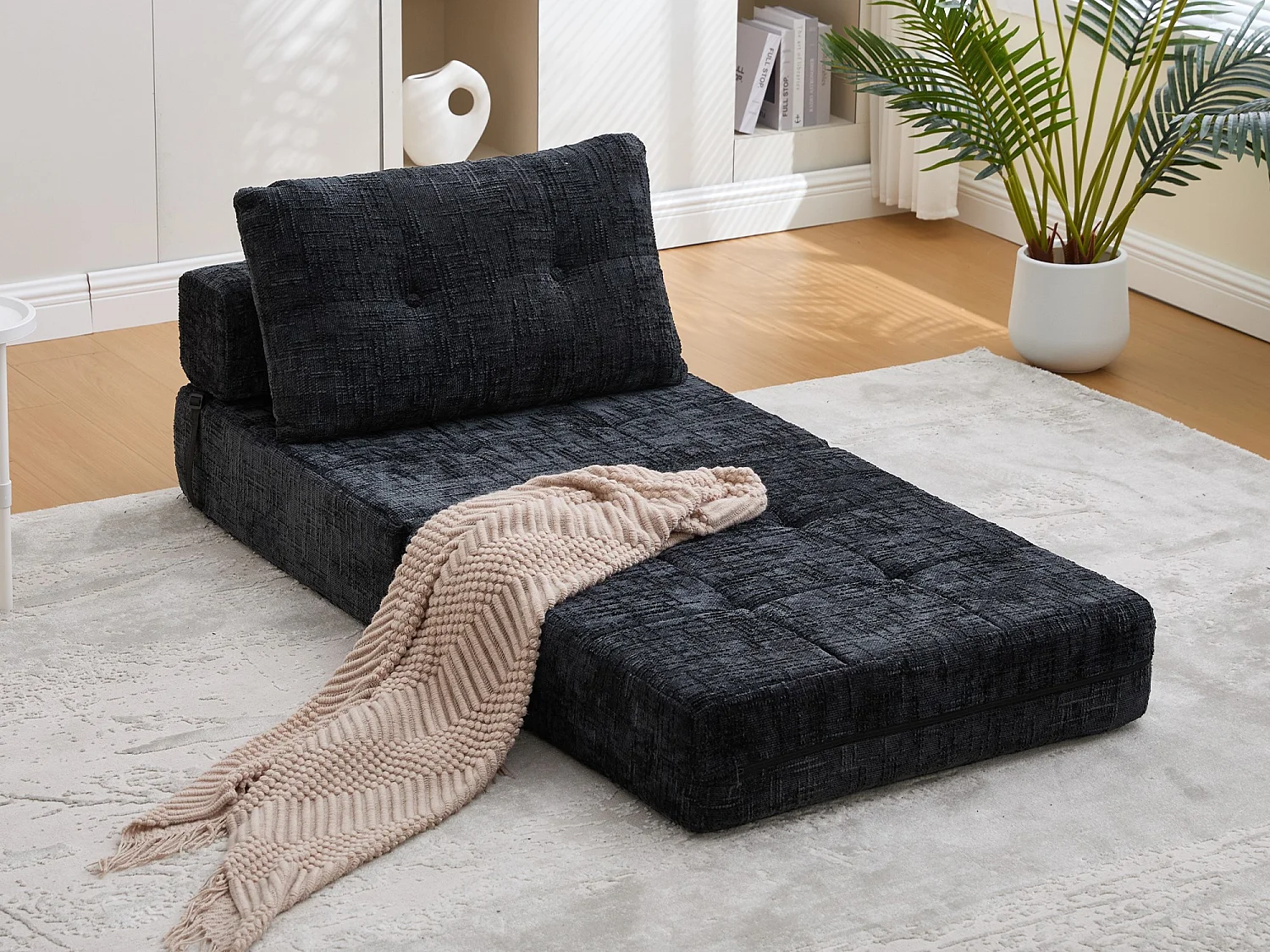 Canapé 1 place convertible en tissu chenille noir - Canapé lit 2 en 1 - Assise haute résilience - pour salon, studio ou chambre d’amis