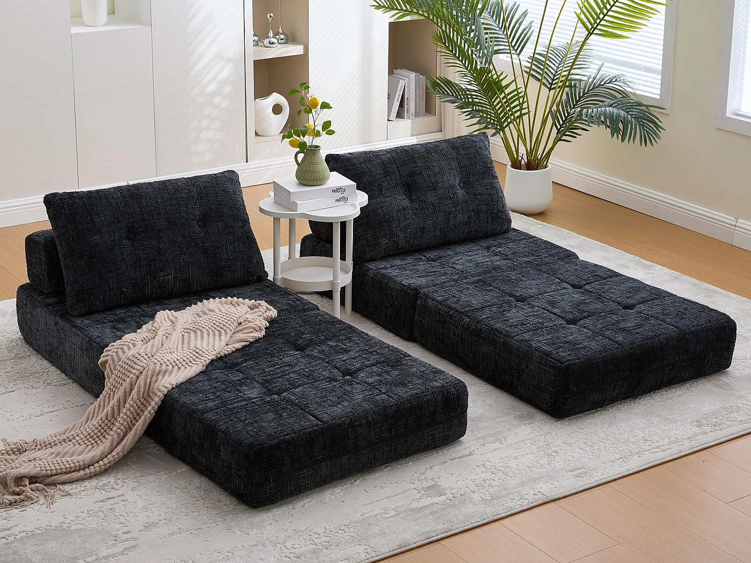 Canapé 1 place convertible en tissu chenille noir - Canapé lit 2 en 1 - Assise haute résilience - pour salon, studio ou chambre d’amis