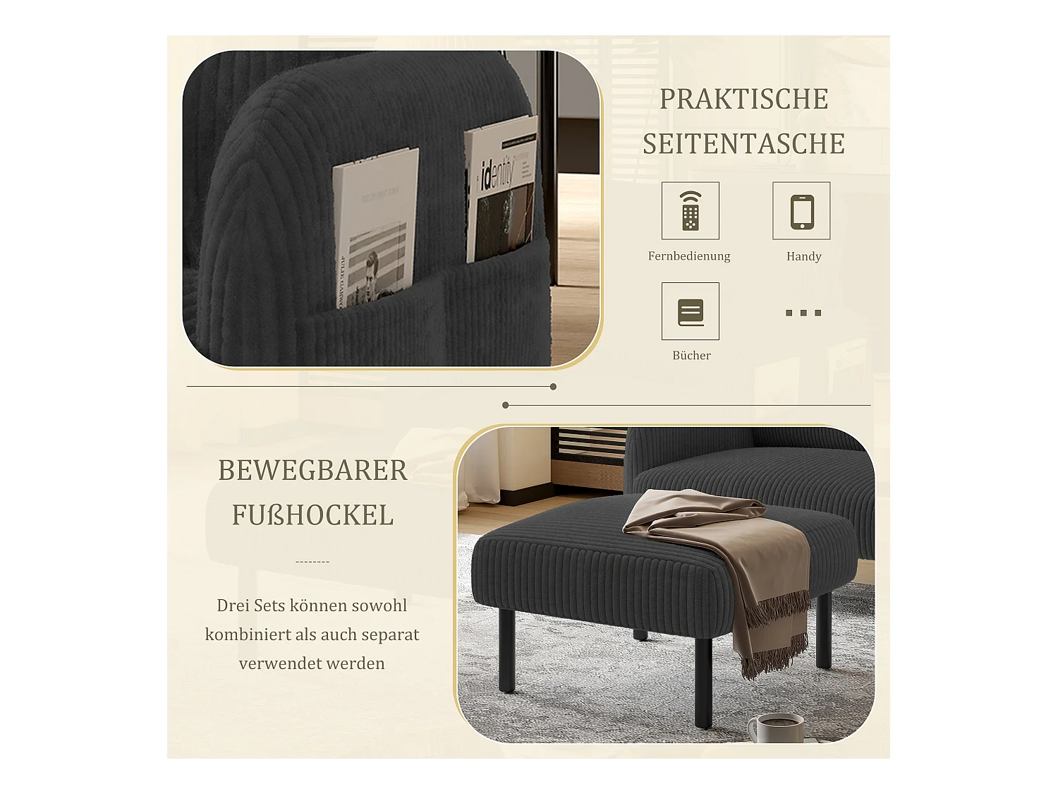 Pouf velours côtelé beige à assise haute résilience - Pouf multifonction - Idéal pour salon cosy ou chambre