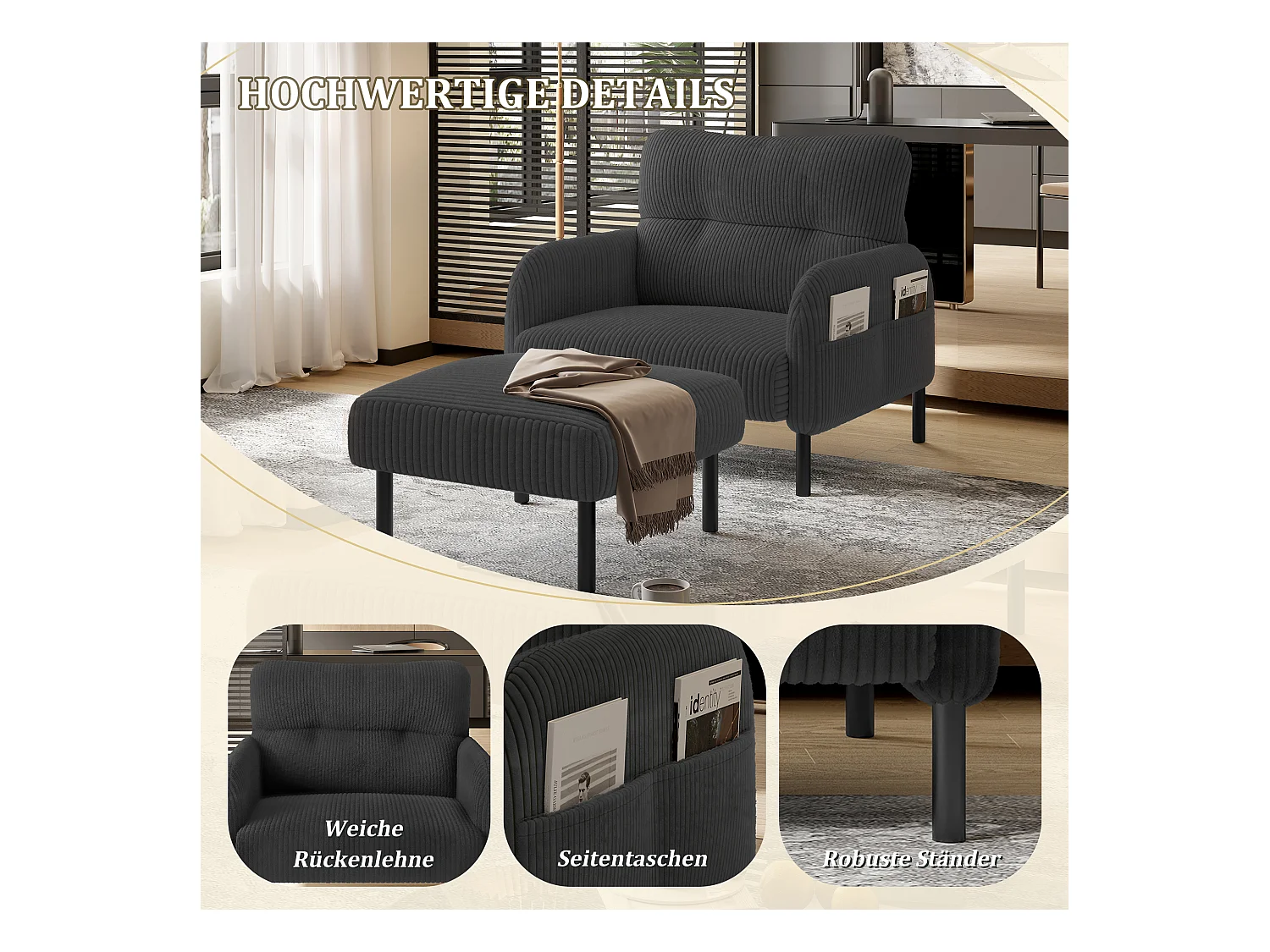 Pouf velours côtelé beige à assise haute résilience - Pouf multifonction - Idéal pour salon cosy ou chambre