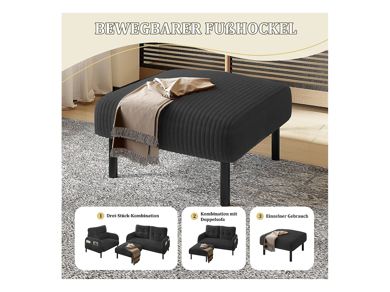 Pouf velours côtelé beige à assise haute résilience - Pouf multifonction - Idéal pour salon cosy ou chambre