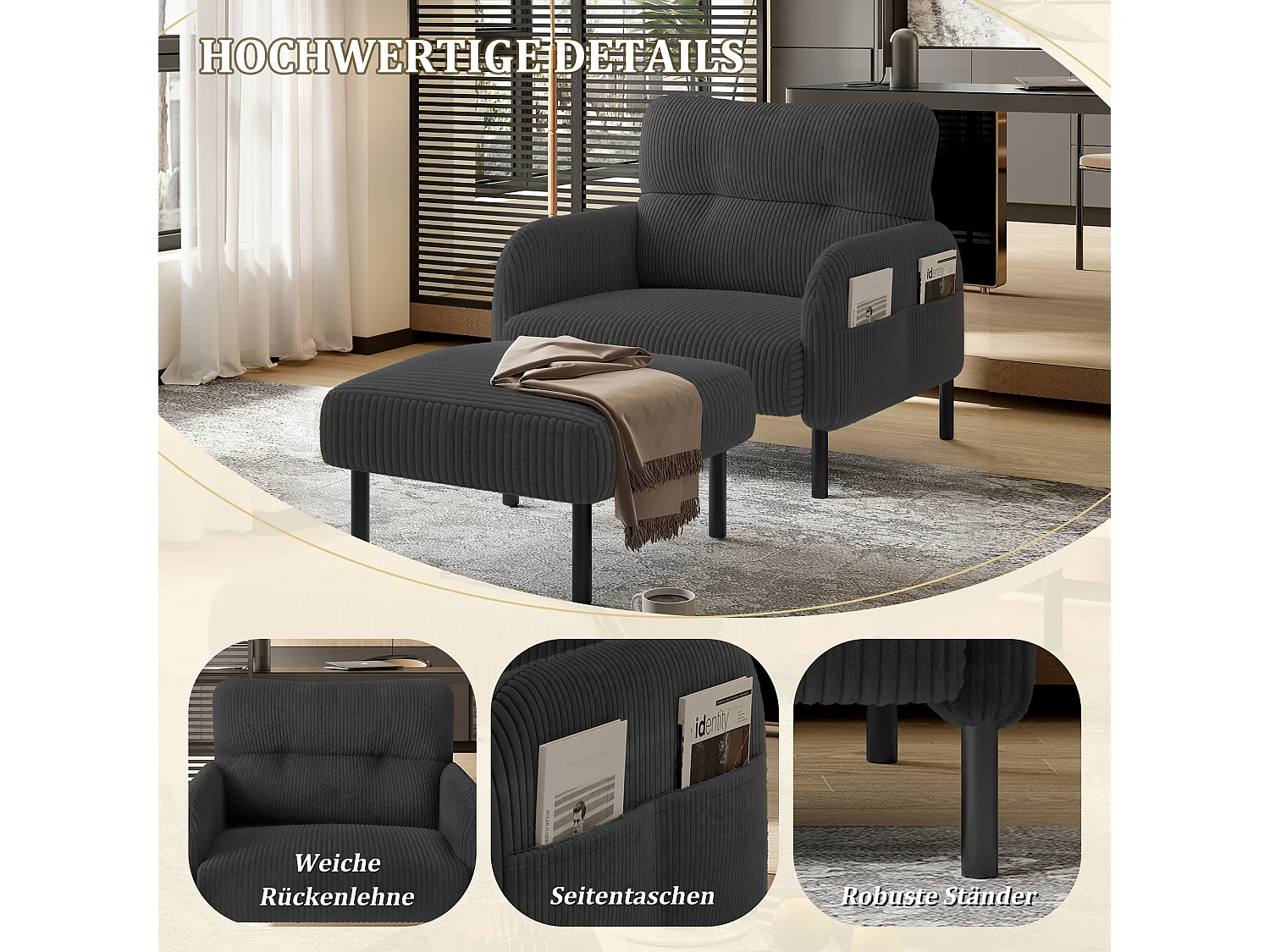 Pouf velours côtelé beige à assise haute résilience - Pouf multifonction - Idéal pour salon cosy ou chambre