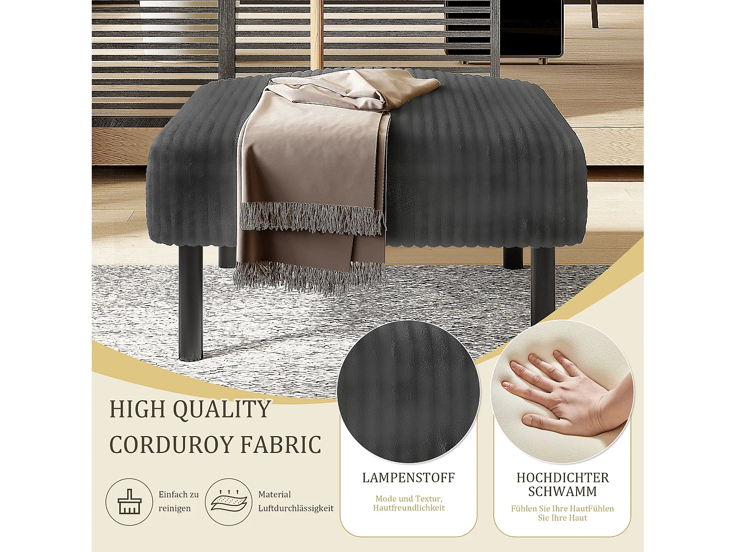 Pouf velours côtelé beige à assise haute résilience - Pouf multifonction - Idéal pour salon cosy ou chambre