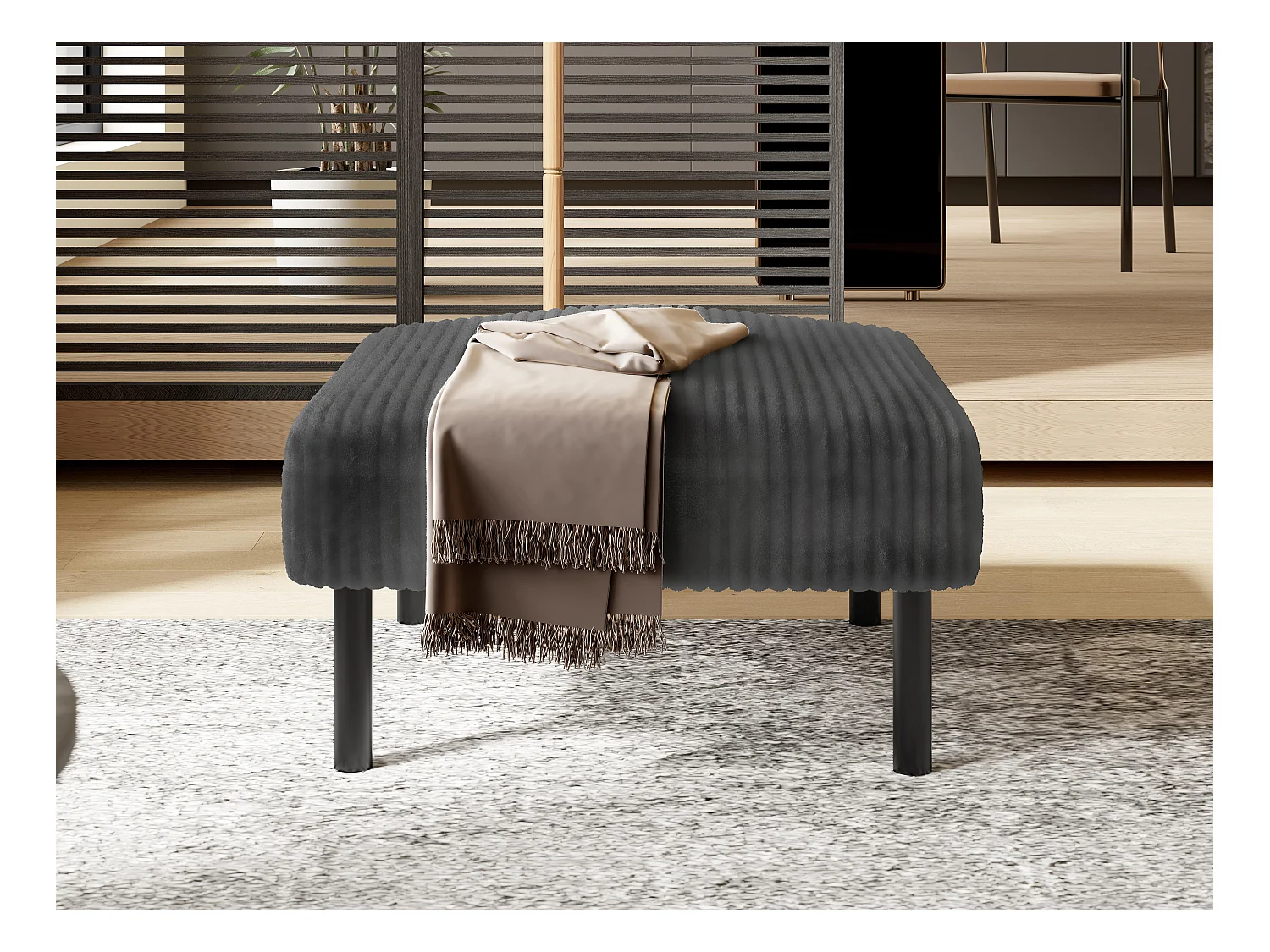 Pouf velours côtelé beige à assise haute résilience - Pouf multifonction - Idéal pour salon cosy ou chambre