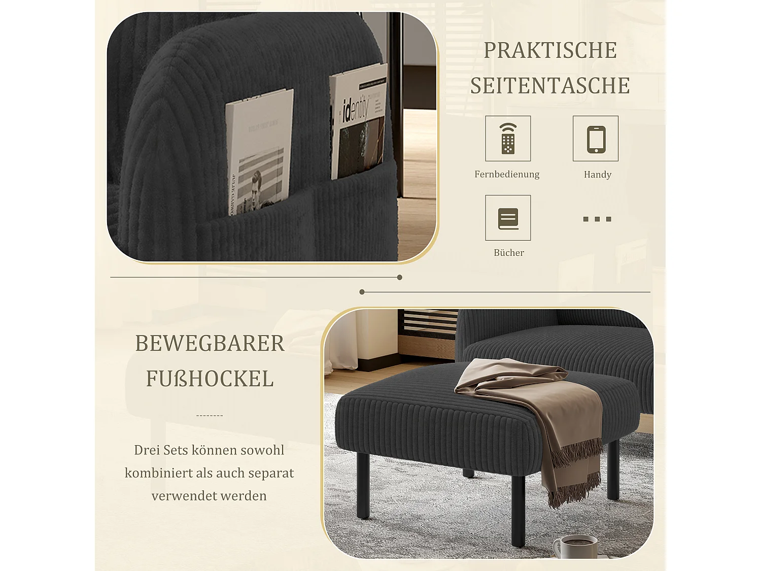 Pouf velours côtelé beige à assise haute résilience - Pouf multifonction - Idéal pour salon cosy ou chambre