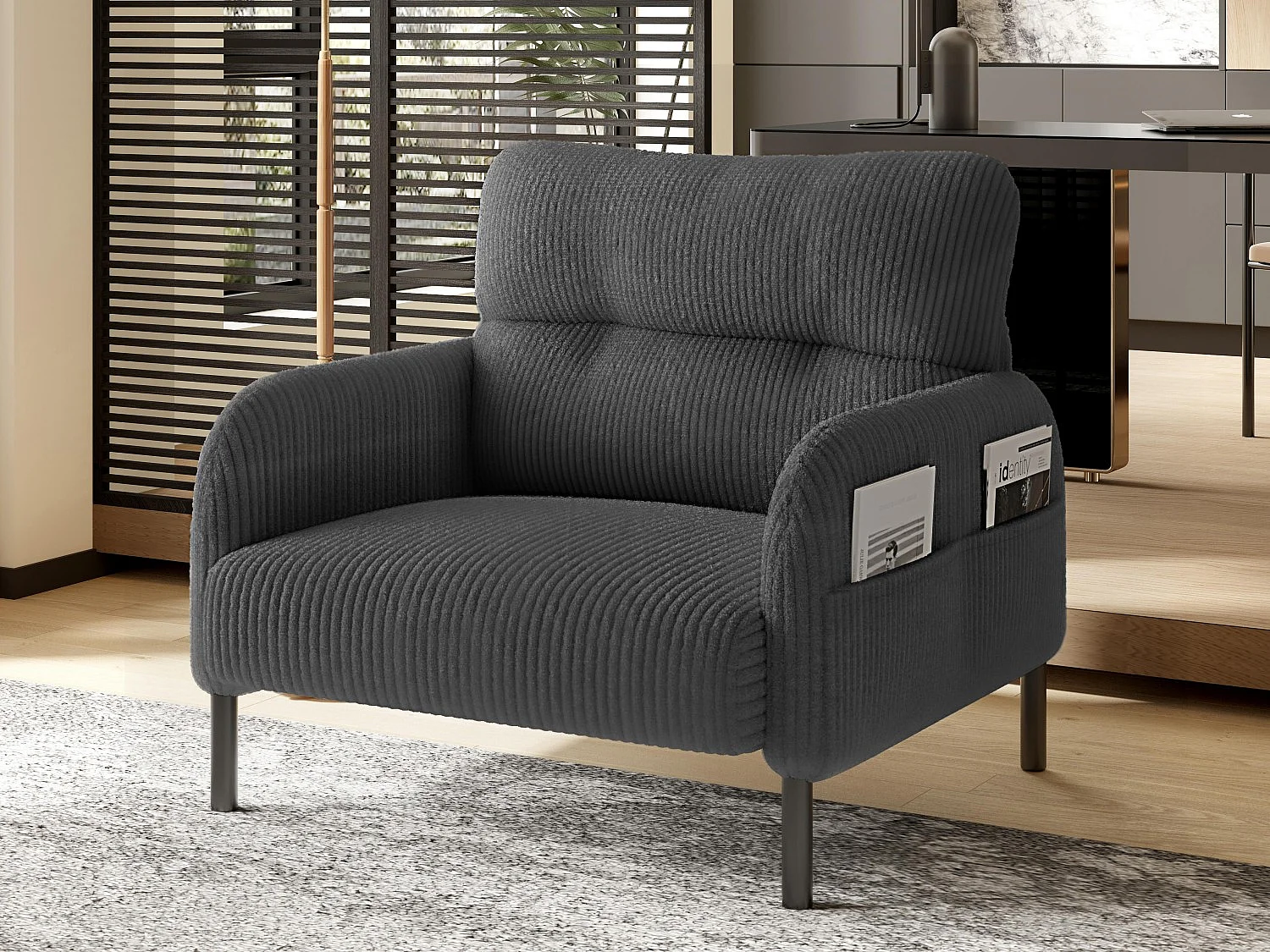 Fauteuil velours côtelé gris - avec Poches Latérales - Style Carré et Design Naturel pour Salon ou Balcon