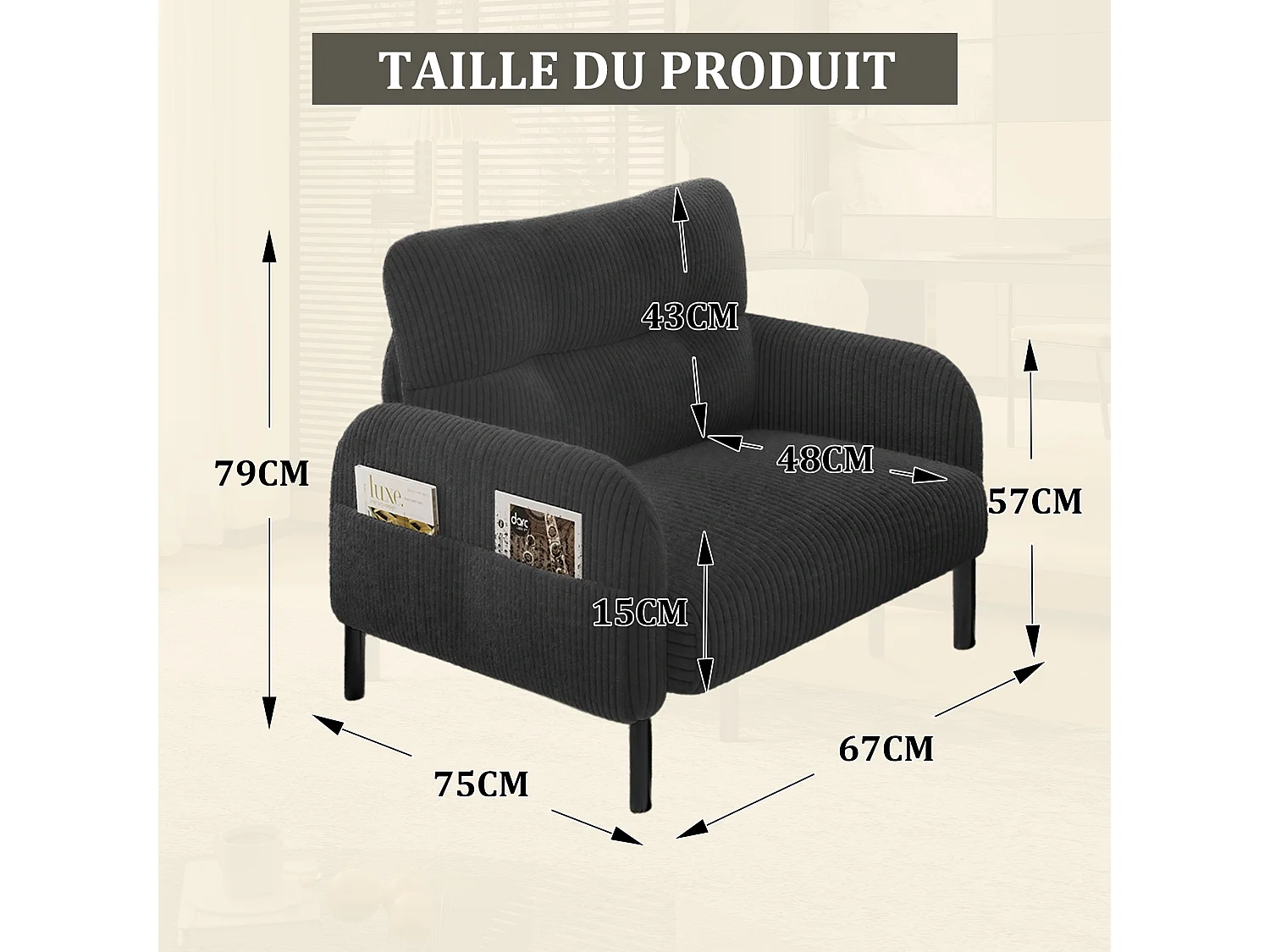 Fauteuil velours côtelé gris - avec Poches Latérales - Style Carré et Design Naturel pour Salon ou Balcon