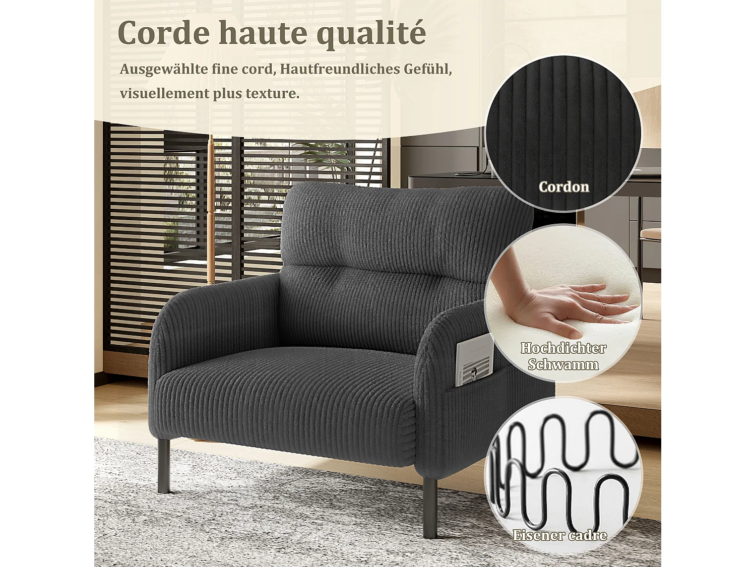 Fauteuil velours côtelé gris - avec Poches Latérales - Style Carré et Design Naturel pour Salon ou Balcon