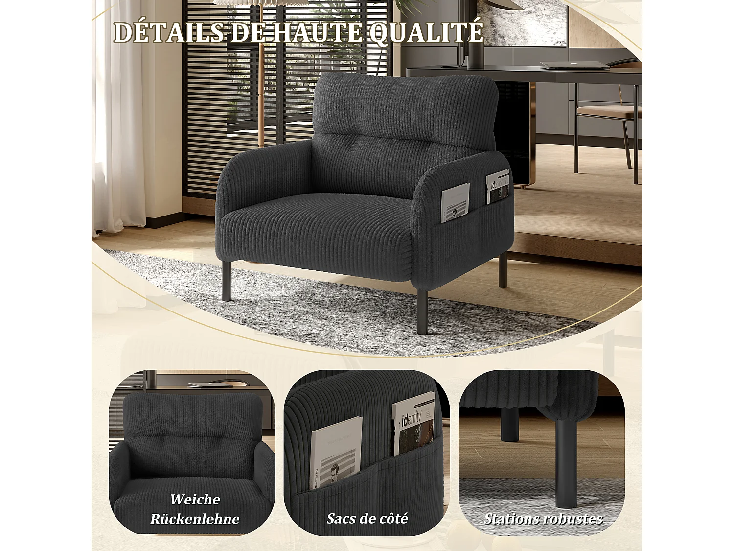 Fauteuil velours côtelé gris - avec Poches Latérales - Style Carré et Design Naturel pour Salon ou Balcon